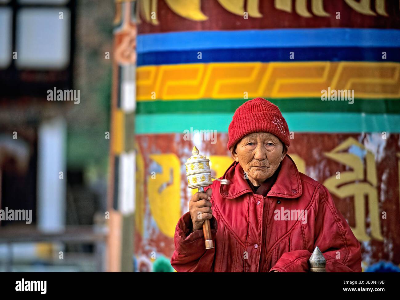 Un'anziana persona tibetana gira una ruota di preghiera in un tempio di Paro Bhutan. Questo rituale mostra dedizione alla fede e alla cultura buddista. Foto Stock