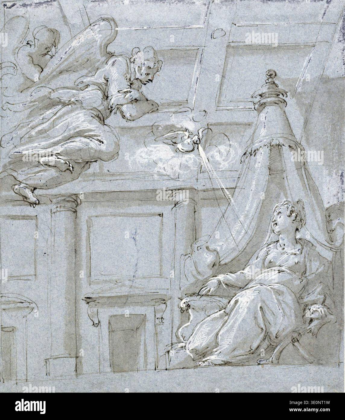 Questo disegno, "l'Annunciazione", è uno studio dinamico del XVI secolo, creato dal famoso artista italiano Giorgio Vasari. Lo schizzo mostra l'Arcangelo Gabriele che scende verso la Vergine Maria, con altre figure angeliche presenti, catturando il drammatico momento della rivelazione divina con linee fluide e chiaroscuro. Foto Stock
