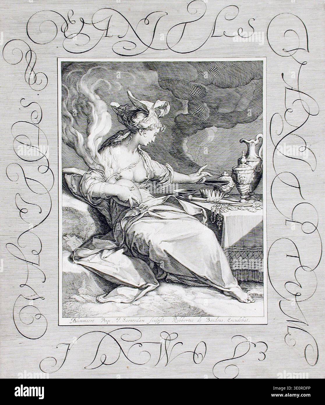 Questa incisione del XVII secolo di Jan Pietersz Saenredam, su un dipinto di Abraham Bloemaert, raffigura "Vanitas". Una figura femminile drappeggiata si riposa, circondata da simboli di piaceri terrestri transitori e dell'inevitabilità della morte, incorniciata da elaborati scritti calligrafici. Foto Stock