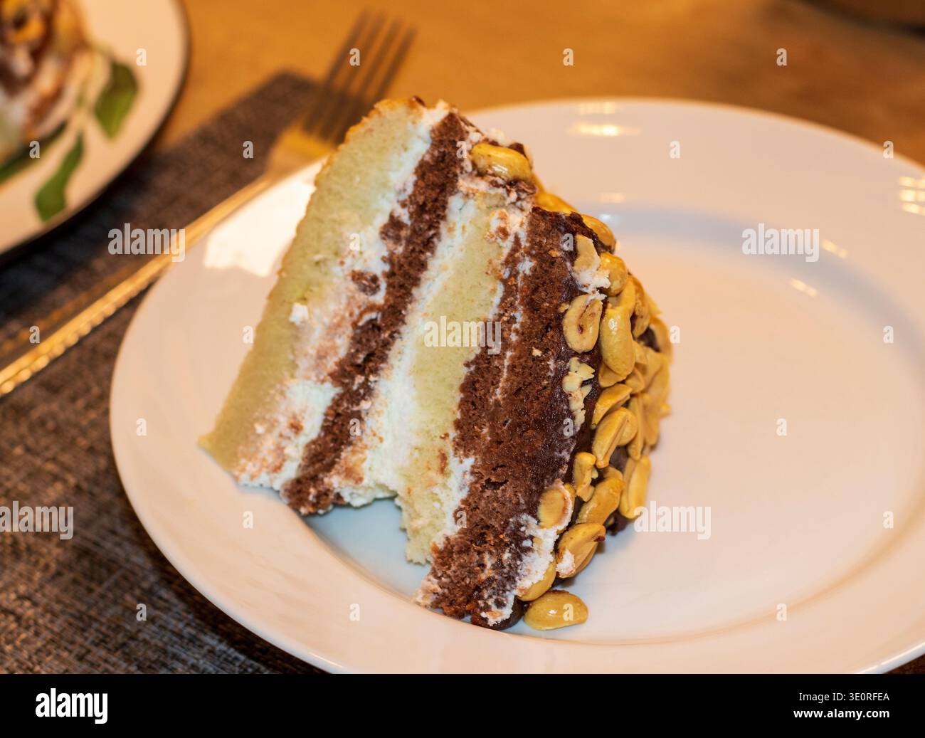 Una fetta di torta al cioccolato fatta in casa, simile a una torta in stile Snickers, con più strati di spugna e panna condita con una generosa Foto Stock