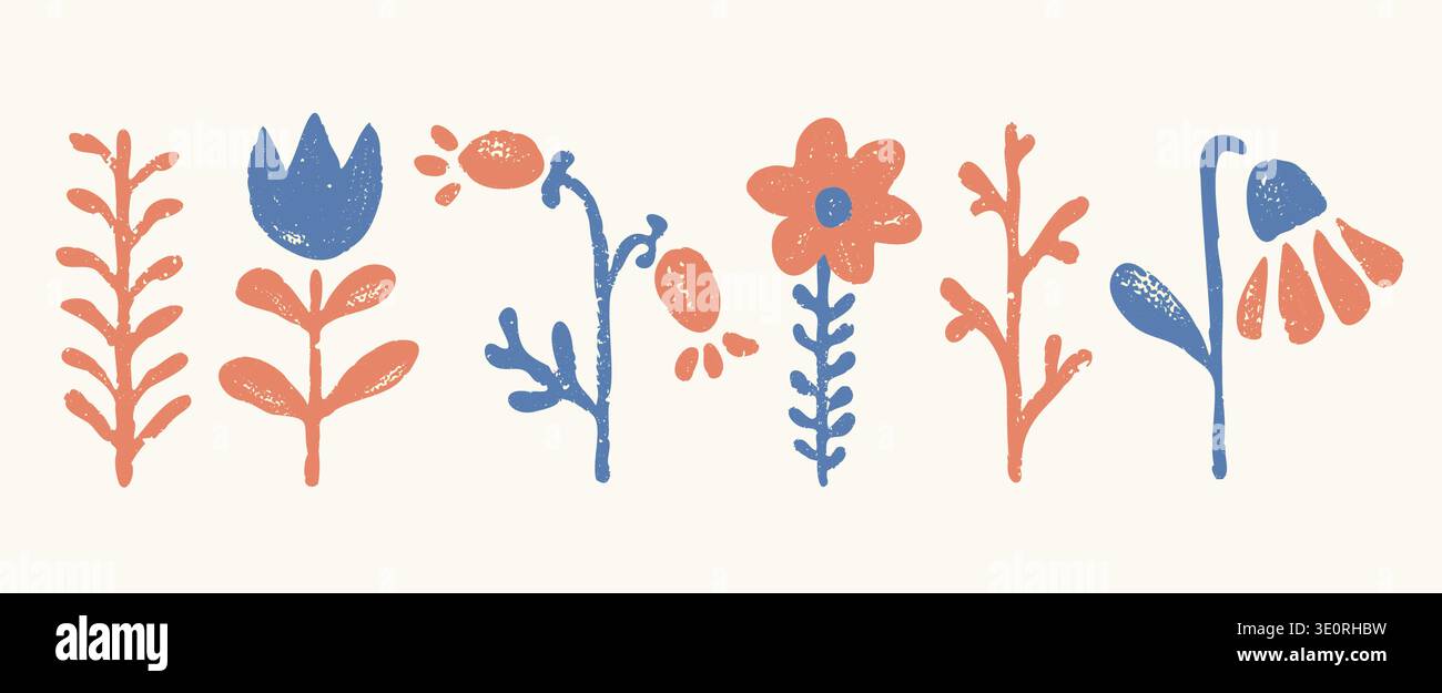 Vector Set icona di fiori vintage in stile folk scandinavo. Fiori rustici vettoriali retrò. Illustrazione Vettoriale