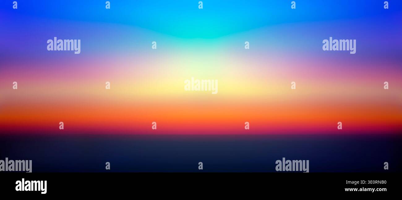 Tramonto morbido e astratto su un oceano calmo con bande orizzontali di colori audaci per creare un paesaggio marino tranquillo e da sogno. Foto Stock