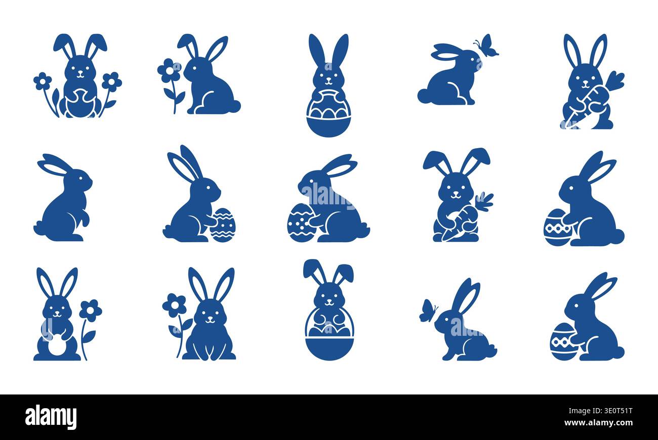 Collezione di icone Vector con silhouette coniglietto pasquale blu, simpatici conigli con uova di Pasqua, cesti, carote e fiori primaverili. Illustrazione Vettoriale