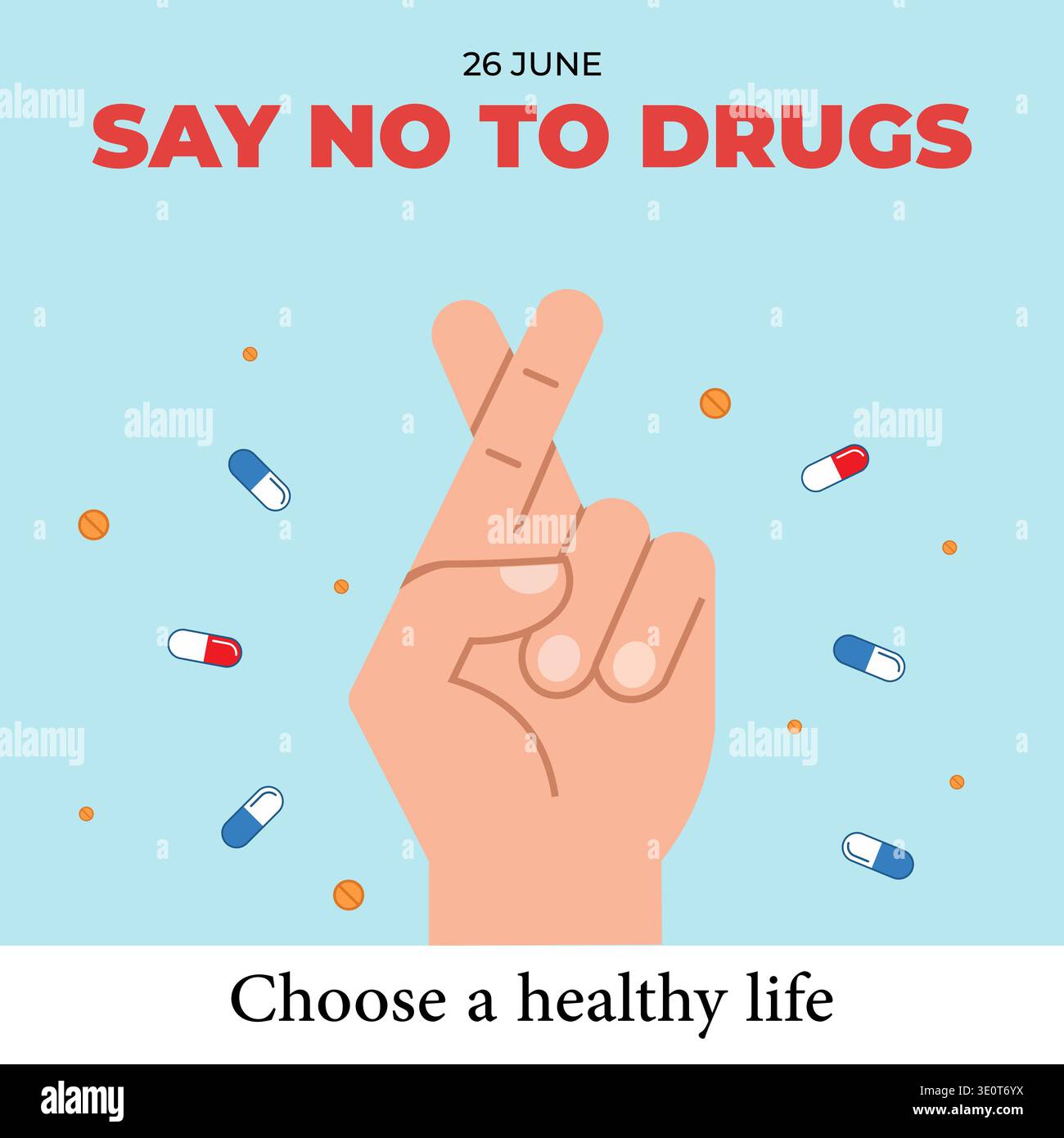 Questa illustrazione piatta promuove la giornata internazionale contro l'abuso di droga del 26 giugno. Presenta una mano con le dita incrociate circondata da pillole colorate Illustrazione Vettoriale