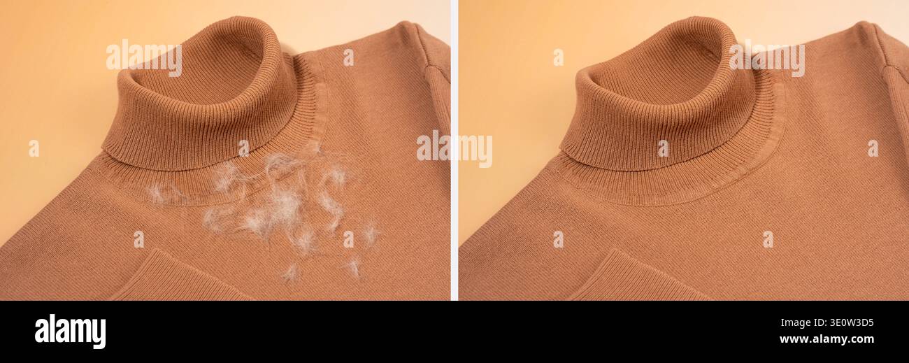 Rimozione dell'adesivo come prima e dopo il confronto con il maglione dolcevita marrone. Concetto di pulizia appiccicosa dei peli di animali domestici, ripristino dei tessuti e vi Foto Stock