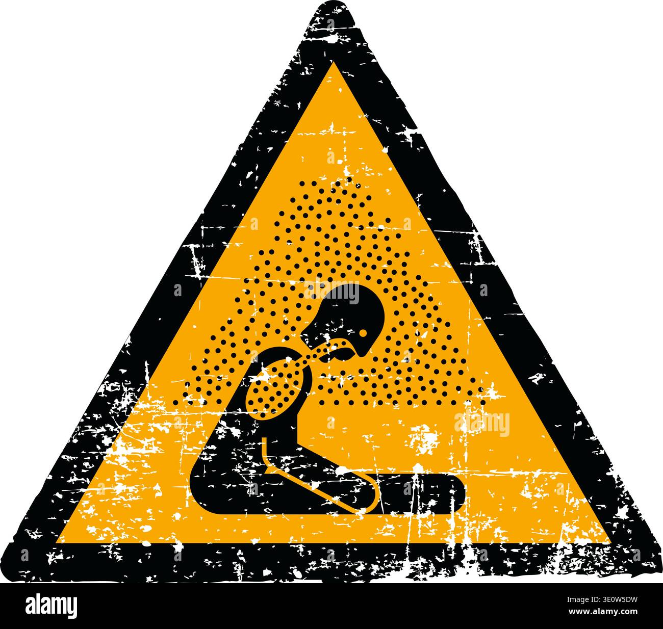 Illustrazione vettoriale di un segnale di pericolo di atmosfera asfissiante con una texture grunge. Simbolo del triangolo giallo, graffito e usurato, che mostra una persona che collassa dal gas isolato su sfondo bianco. Conforme agli standard internazionali sui segnali di sicurezza, tra cui ISO 7010 W041 ANSI Z535 OSHA e DIN 4844. Simbolo di pericolo industriale in difficoltà per la salute sul lavoro. Illustrazione Vettoriale
