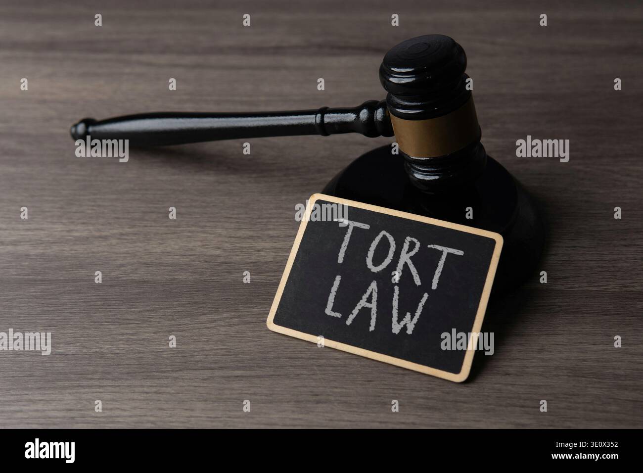 Un martelletto di un giudice e una lavagna con testo TORT LAW su una scrivania di legno. Contenzioso civile, richieste di risarcimento per lesioni personali, responsabilità legale e proceedi giudiziario Foto Stock