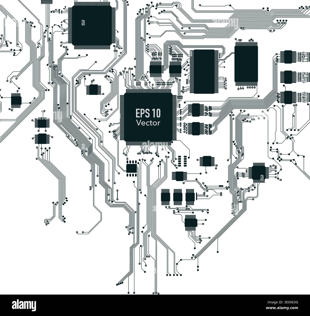 scheda elettronica astratta e sfondo cpu in bianco e nero Illustrazione Vettoriale