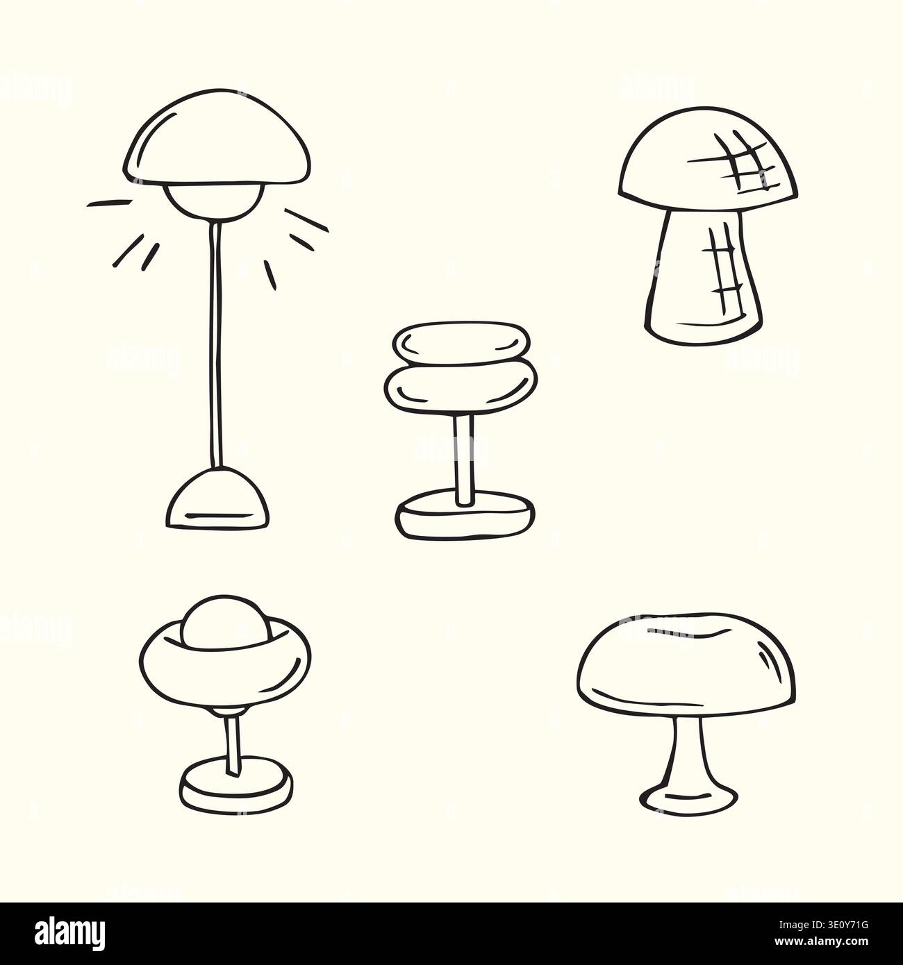 Lampade da tavolo disegnate a mano con icone di illuminazione Illustrazione Vettoriale