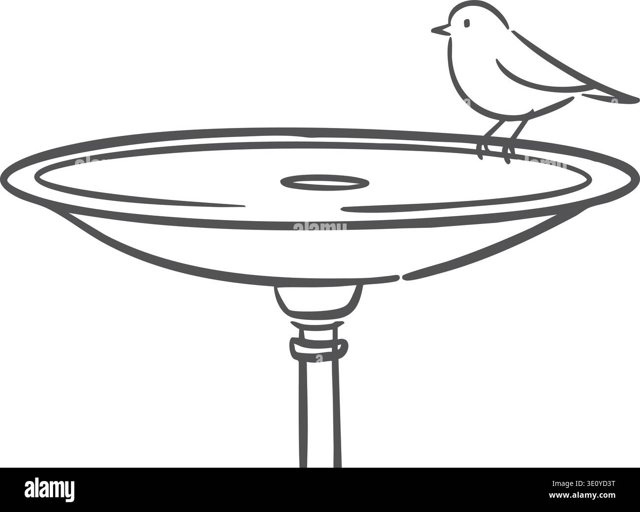 Disegnare una ciotola per il bagno degli uccelli su un piedistallo con un piccolo uccello arroccato sul bordo Illustrazione Vettoriale