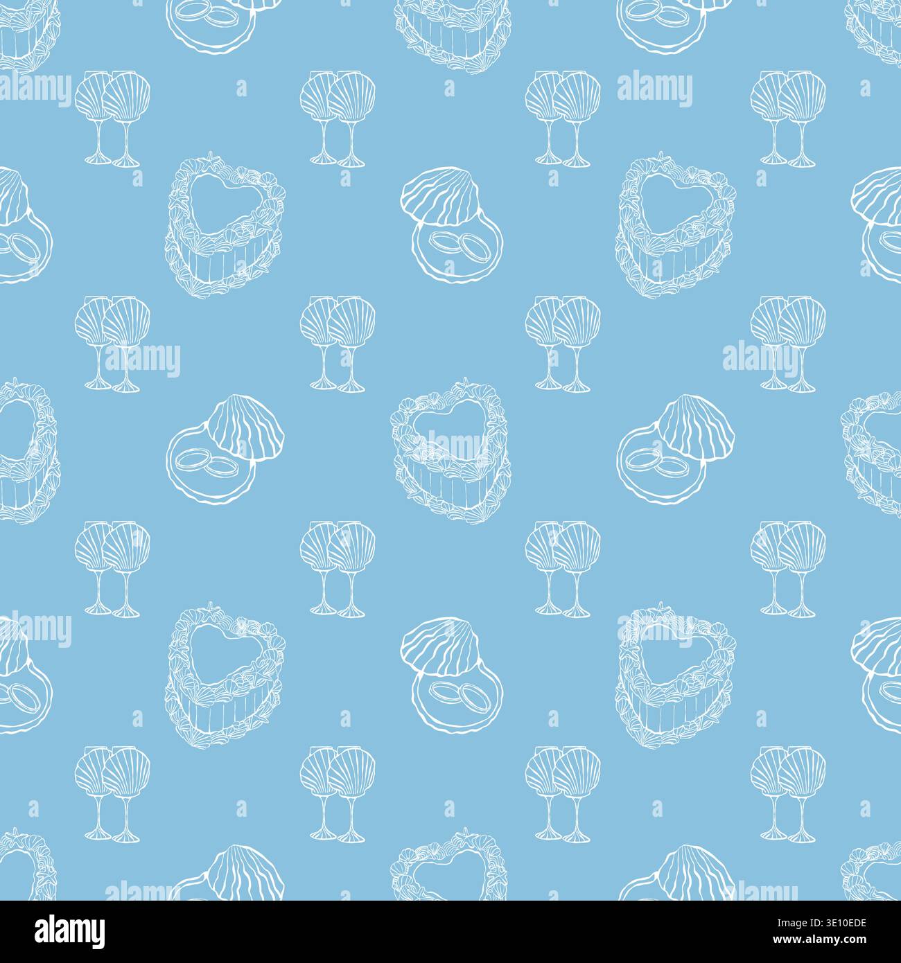 Un motivo senza cuciture con un tema per matrimoni sul litorale. Torta disegnata a mano, bicchieri con conchiglie e anelli. Sfondo blu pastello. Un matrimonio nautico mediterraneo. Tema costiero e spiaggia. Illustrazione del profilo vettoriale. Illustrazione Vettoriale