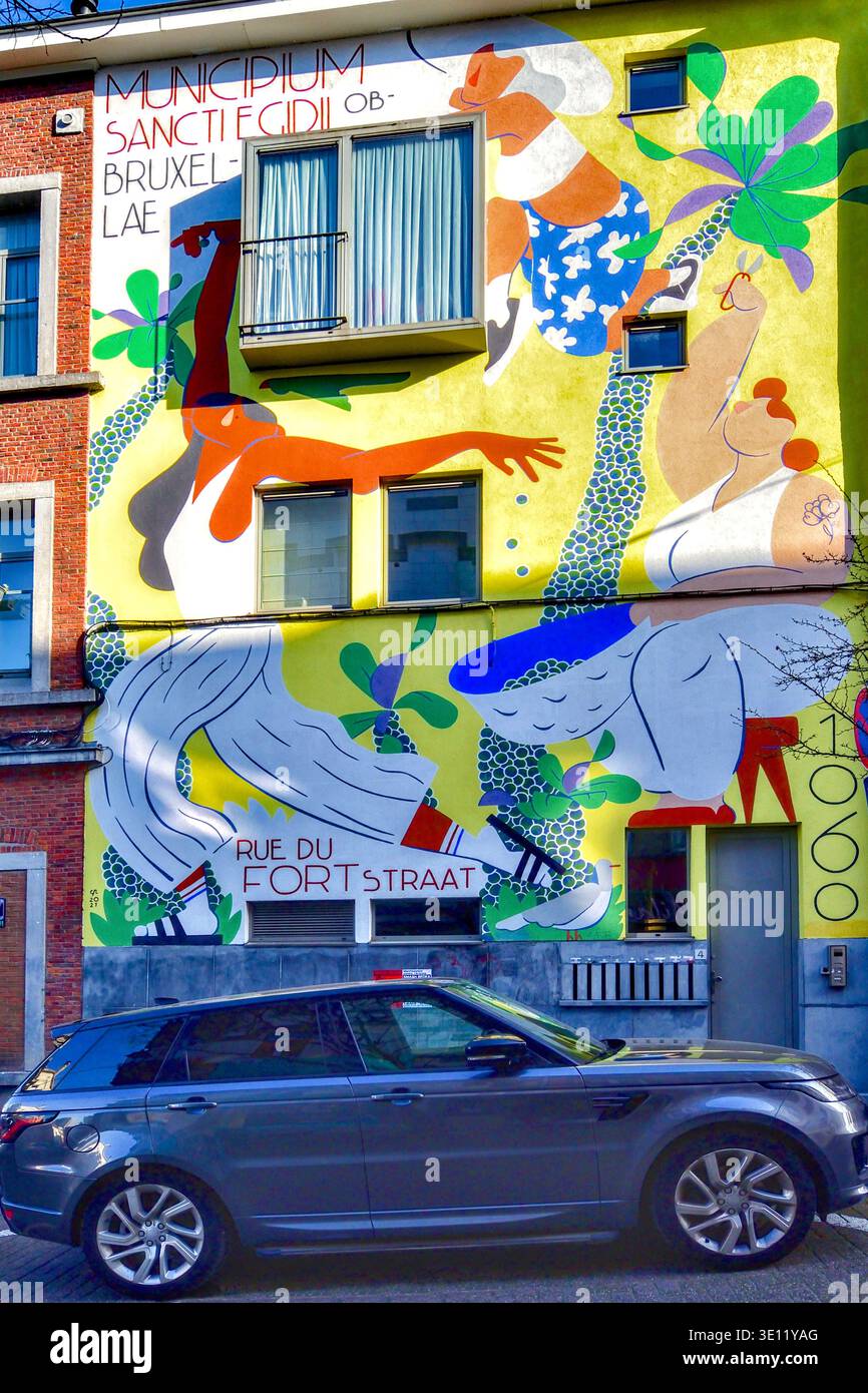 Street art in Rue du Fort Straat a Saint-Gilles - Bruxelles, Belgio. Foto Stock