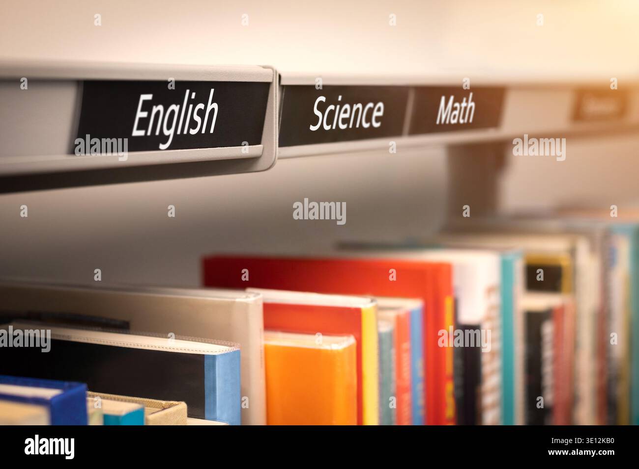 Biblioteca di libri di testo scolastici. Inglese, matematica e scienze materie di base STEM in ambiente accademico di apprendimento. Foto Stock