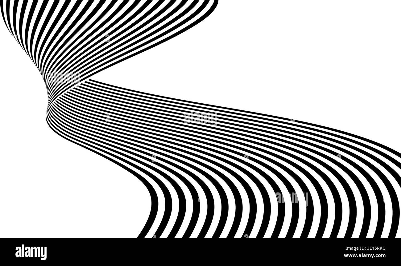 Nastro a strisce bianche e nere ad alto contrasto che scorre in una spirale 3D su uno sfondo bianco pulito Illustrazione Vettoriale