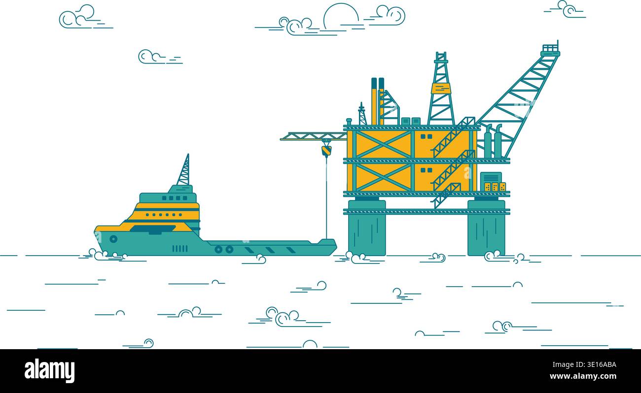 vettore di progettazione piatto della piattaforma petrolifera con nave da carico in fase operativa per infografiche industriali Illustrazione Vettoriale