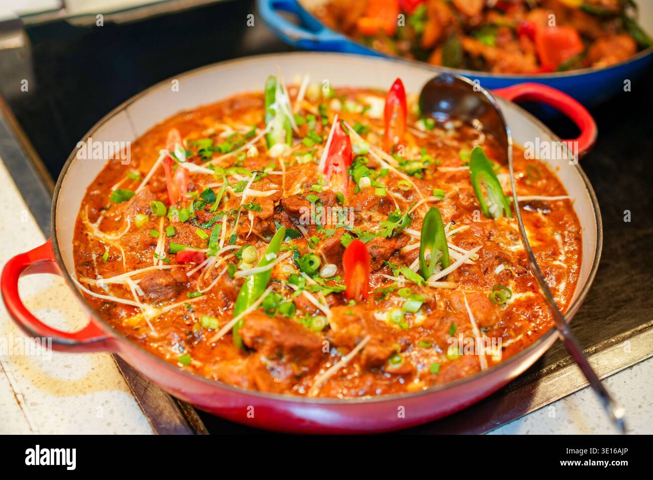 Saporito stufato di manzo al curry indiano che presenta sapori ricchi, carne tenera e spezie aromatiche, guarnito con peperoni verdi e rossi a fette e fresco Foto Stock