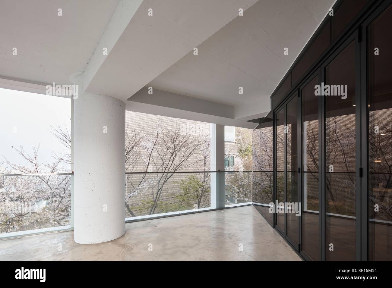 Terrazza esterna aperta con forti motivi di luce e ombra. Foto Stock