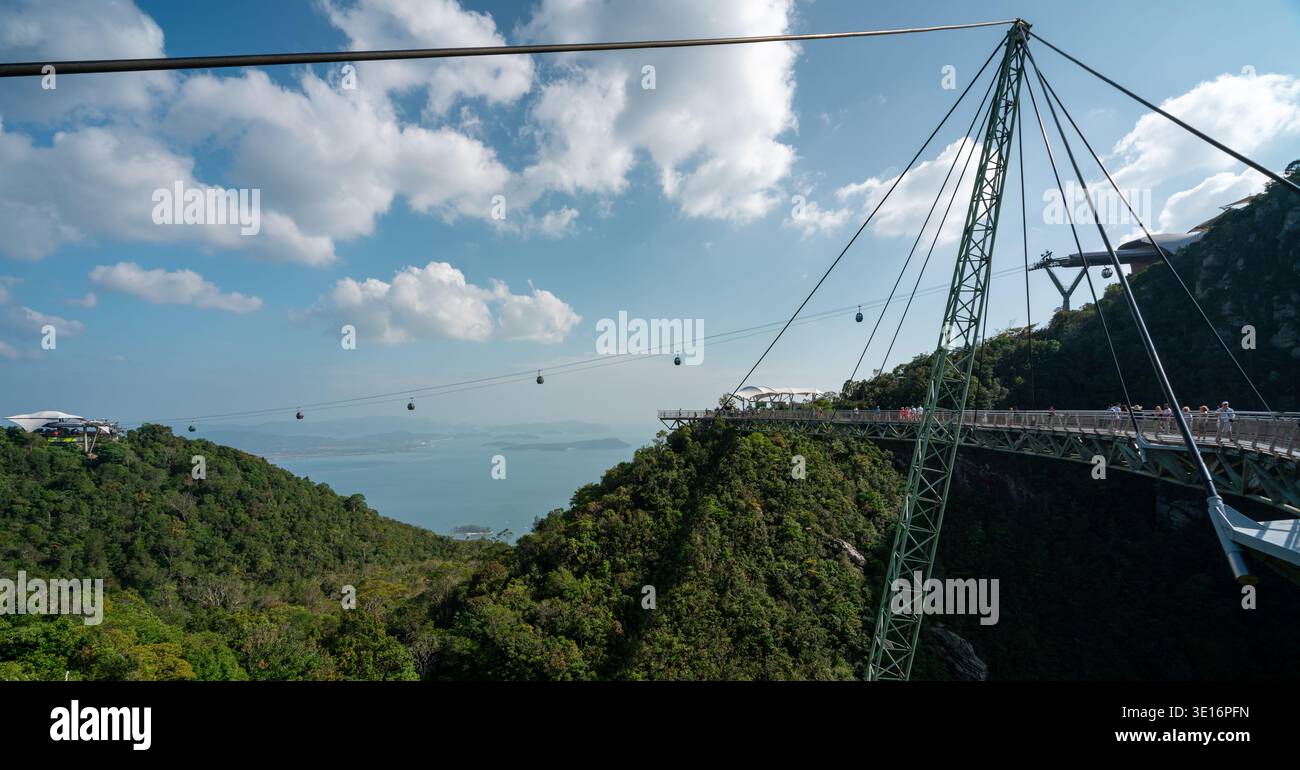 Langkawi, Kedah/Malesia - 20 gennaio 2020: I turisti attraversano il Langkawi Sky Bridge mentre le cabinovie si spostano sopra il paesaggio montano boscoso Foto Stock