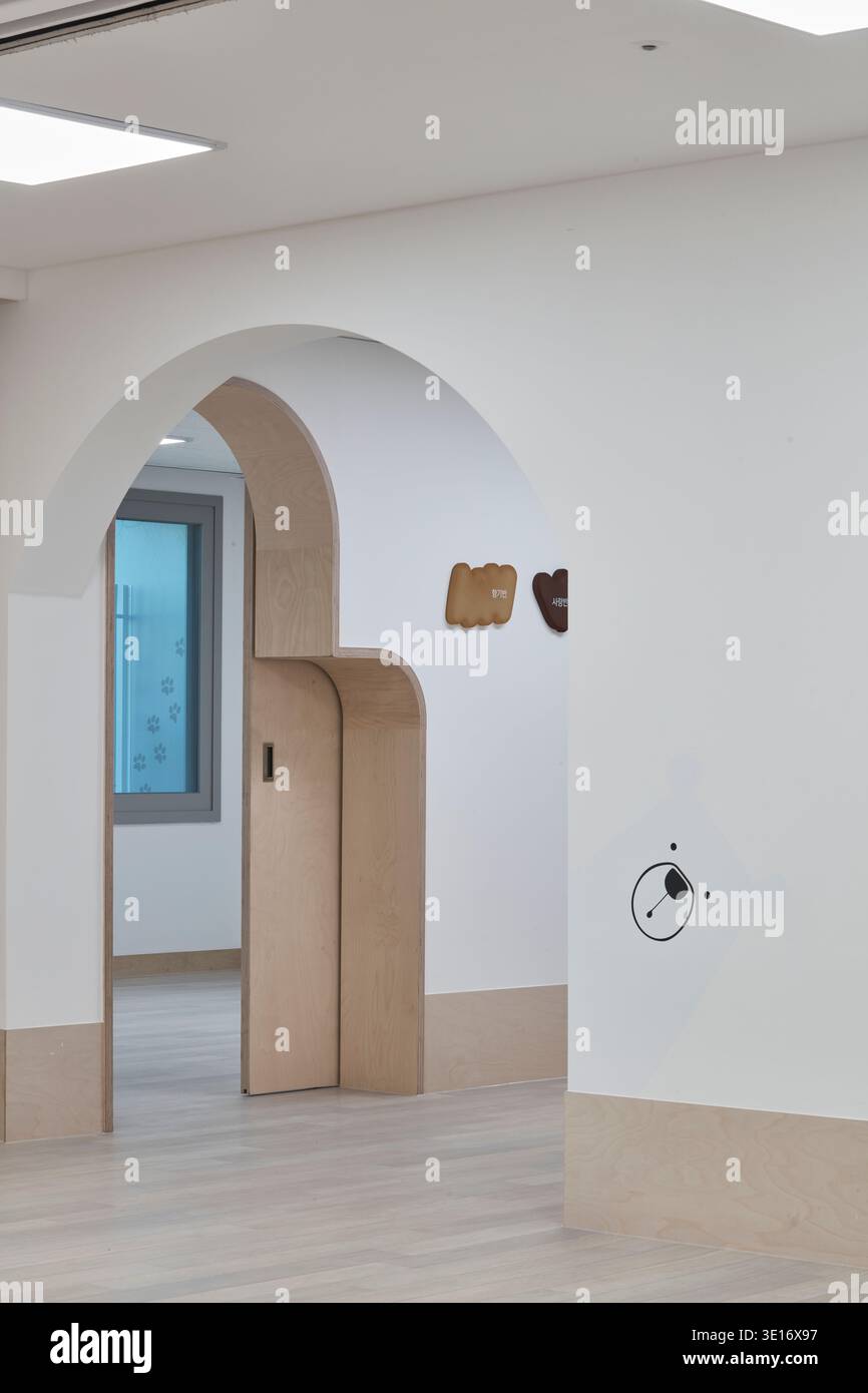Allegro corridoio interno con dettagli grafici e luce soffusa. Foto Stock