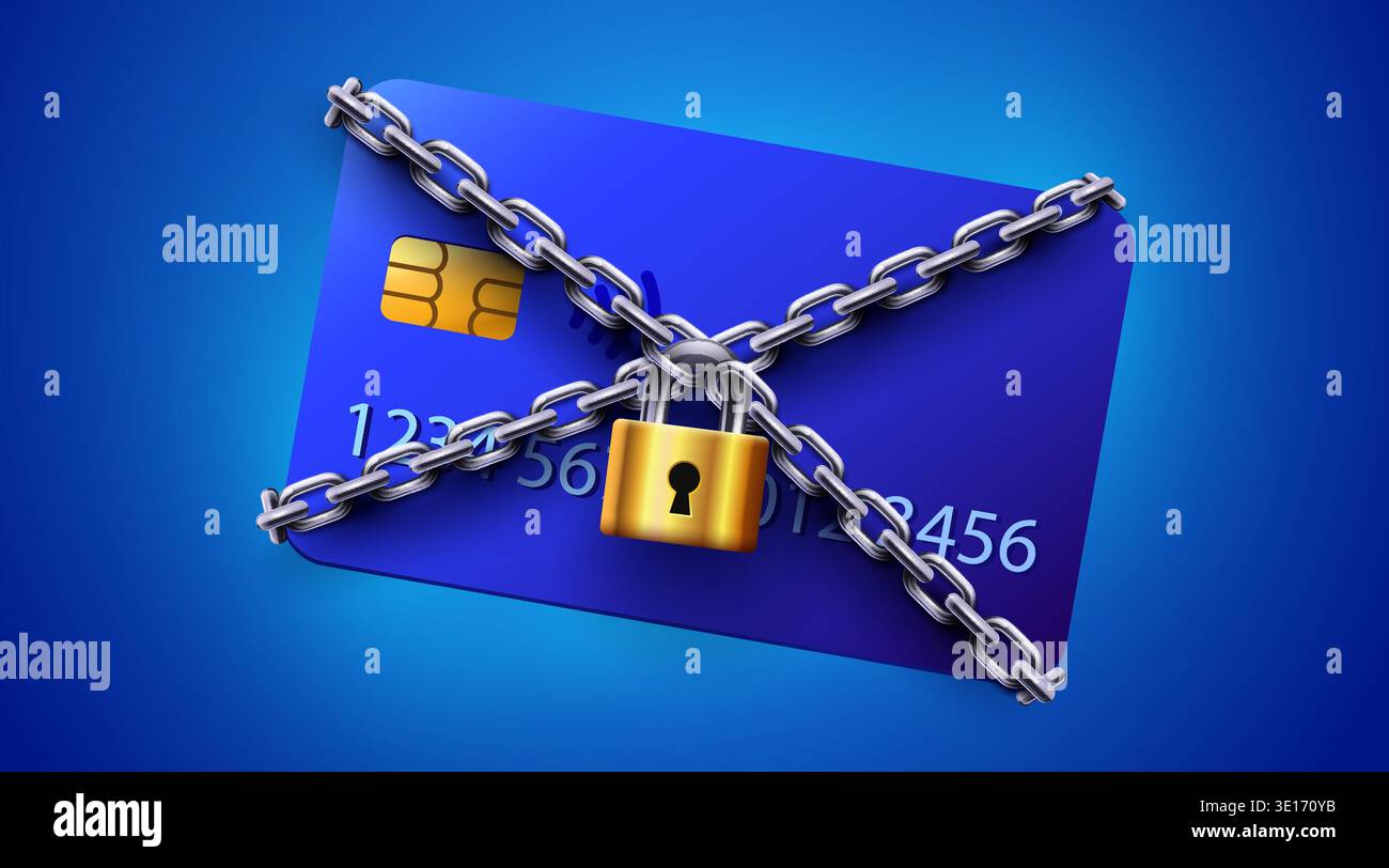Sicurezza della carta di credito con lucchetto e catena, simbolo della protezione finanziaria, della privacy e della prevenzione delle frodi. Illustrazione vettoriale. Illustrazione Vettoriale