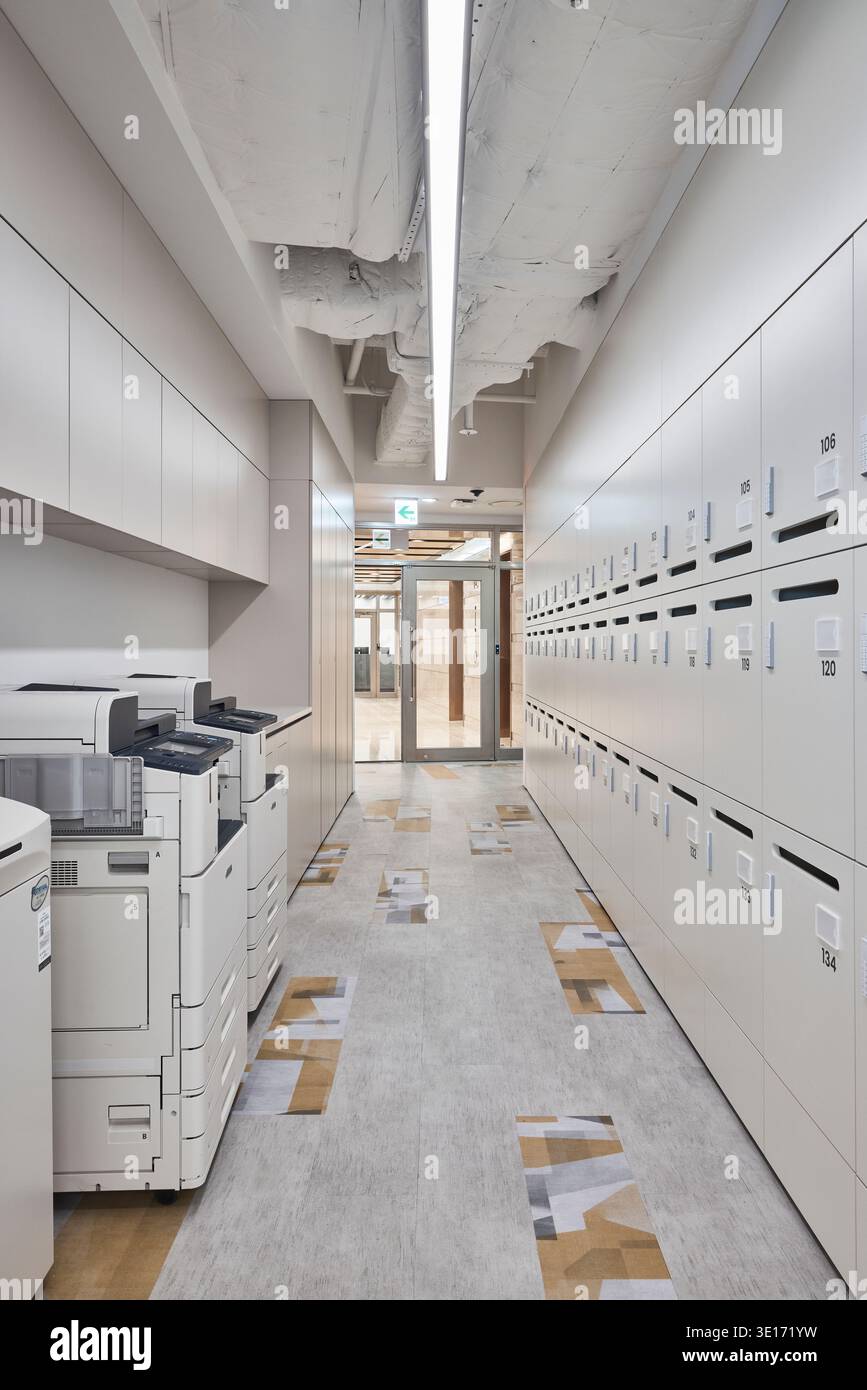 Lungo corridoio fiancheggiato da armadietti o cassette postali in un edificio contemporaneo. Foto Stock