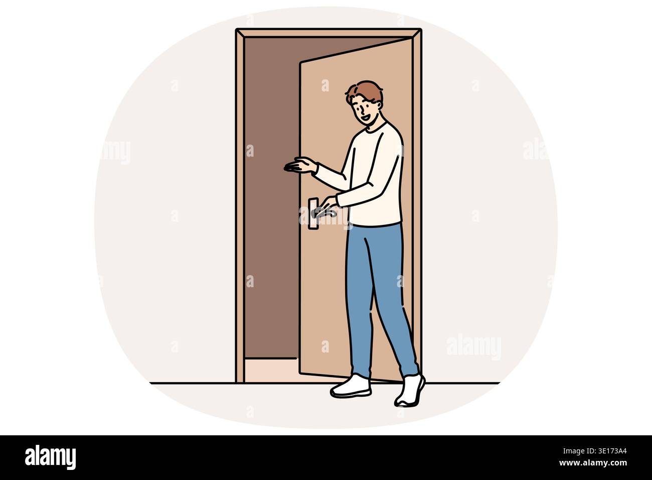 L'uomo dice di essere il benvenuto vicino alla porta e mostra un gesto invitante quando gli amici vengono a trovarci. Ragazzo che mostra un cartello di benvenuto con il palmo, mostrando caratteristiche amichevoli e ospitali Illustrazione Vettoriale