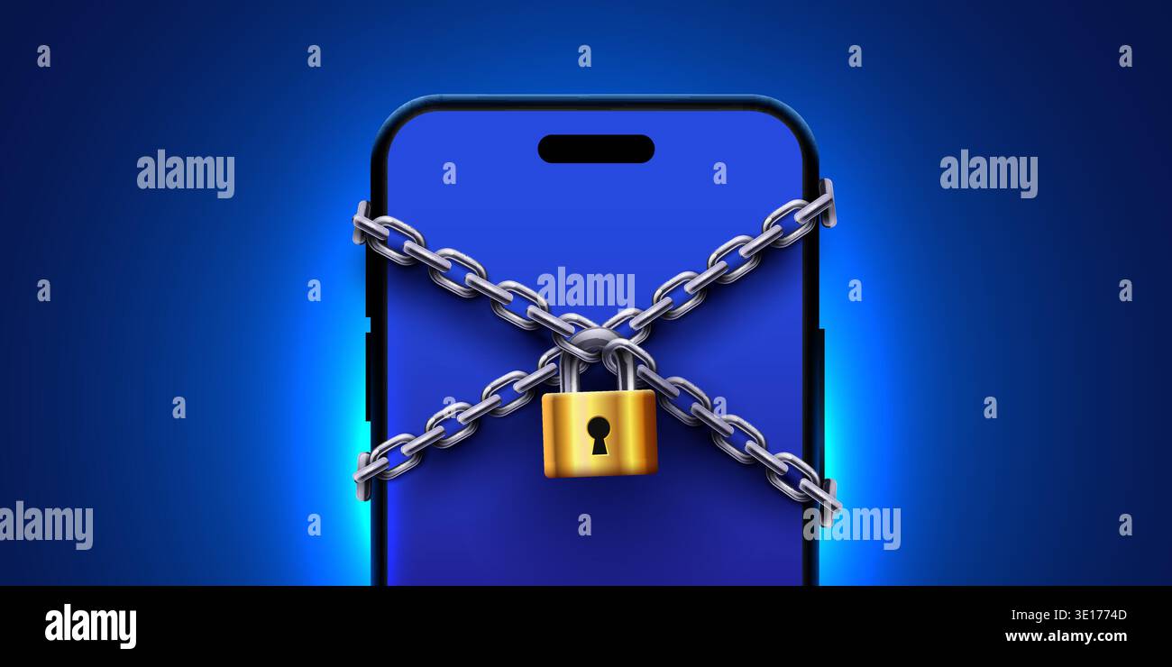 Telefono cellulare bloccato con catene e lucchetto, simbolo della sicurezza digitale e della protezione dei dati. Illustrazione vettoriale Illustrazione Vettoriale