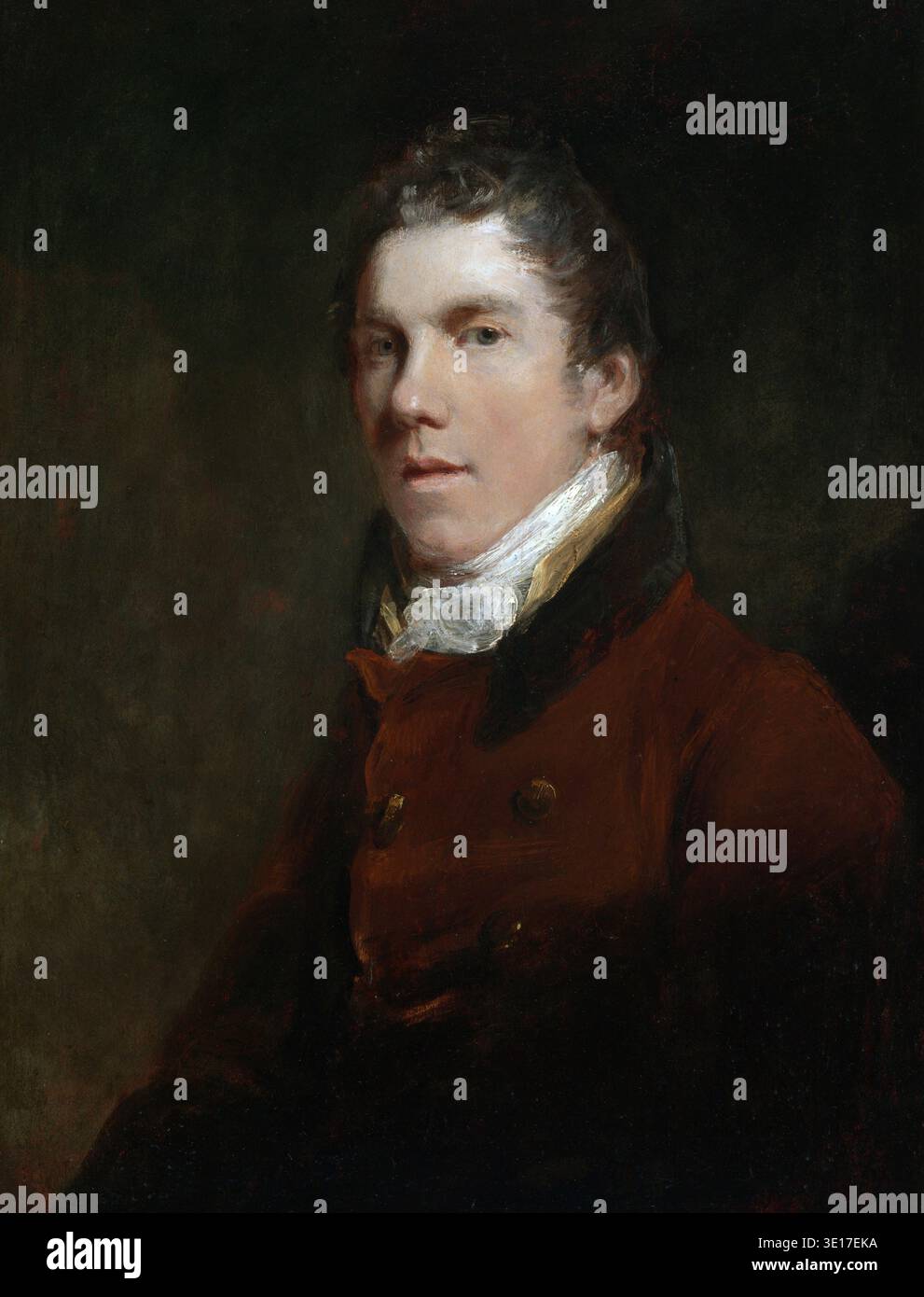 Questo affascinante ritratto ad olio del 1820, dipinto da John Jackson, raffigura Sir David Wilkie. Wilkie, un pittore scozzese, è raffigurato in un ricco cappotto marrone-rossastro con una cravatta bianca, catturata con un'espressione naturalistica e leggermente malinconica. Foto Stock