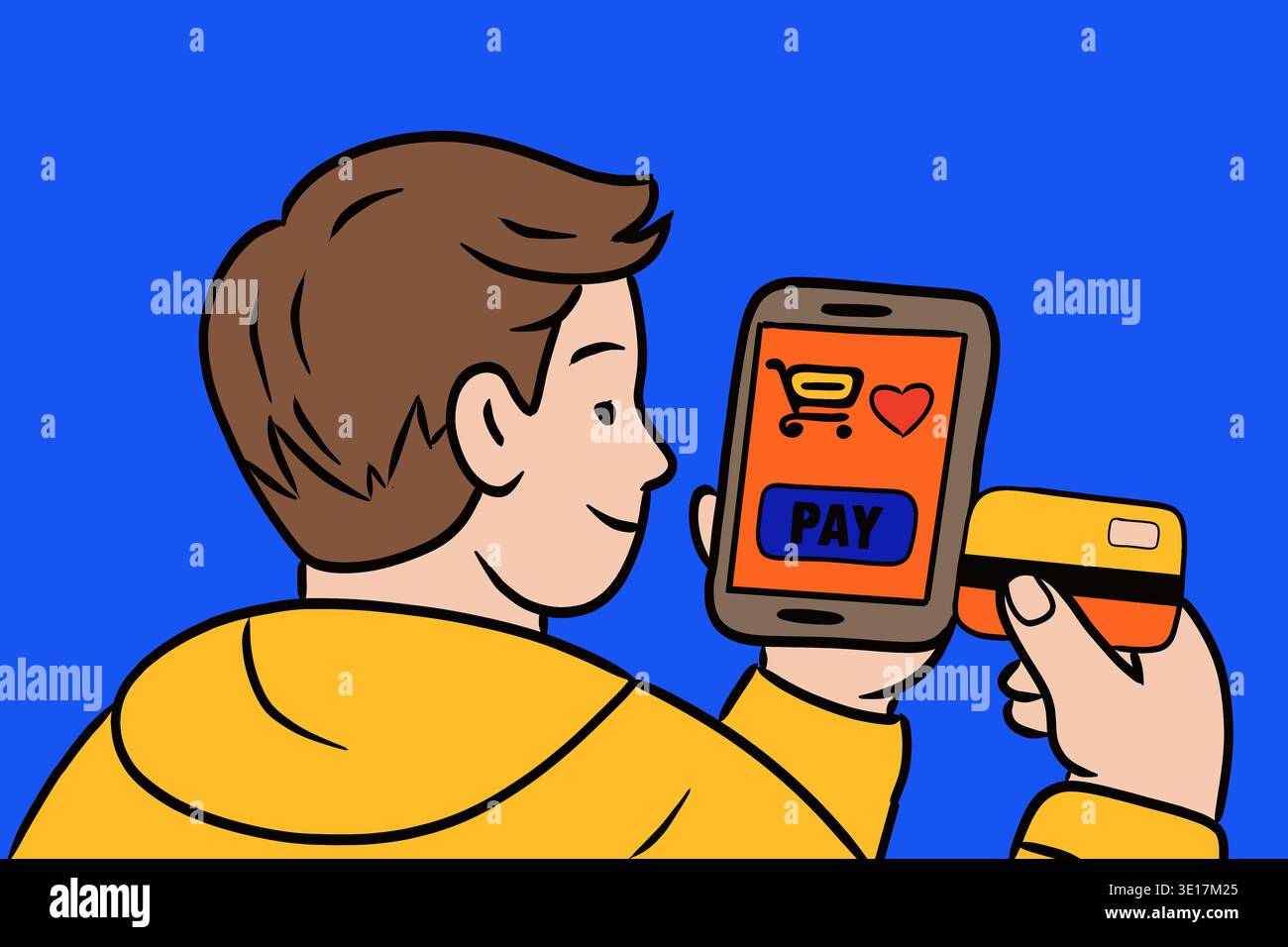 Immagine di un giovane che utilizza uno smartphone per il pagamento digitale. Il dispositivo visualizza un carrello e le icone a forma di cuore, con un pulsante di pagamento evidenziato Foto Stock