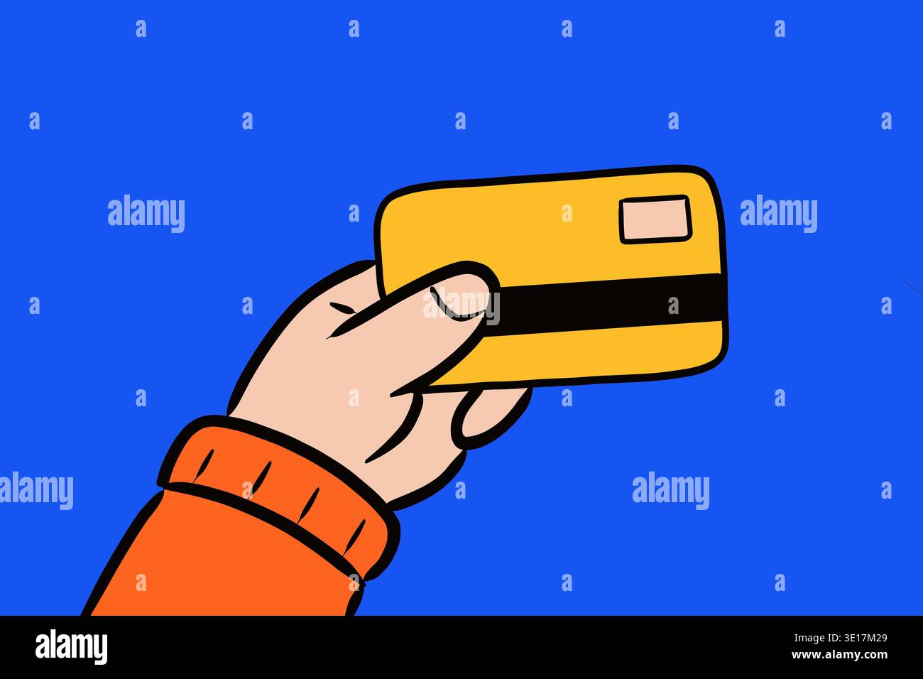 Un'illustrazione che mostra una mano che regge un cartellino giallo su uno sfondo blu brillante. Il design semplice e i colori audaci creano un design accattivante e accattivante Foto Stock