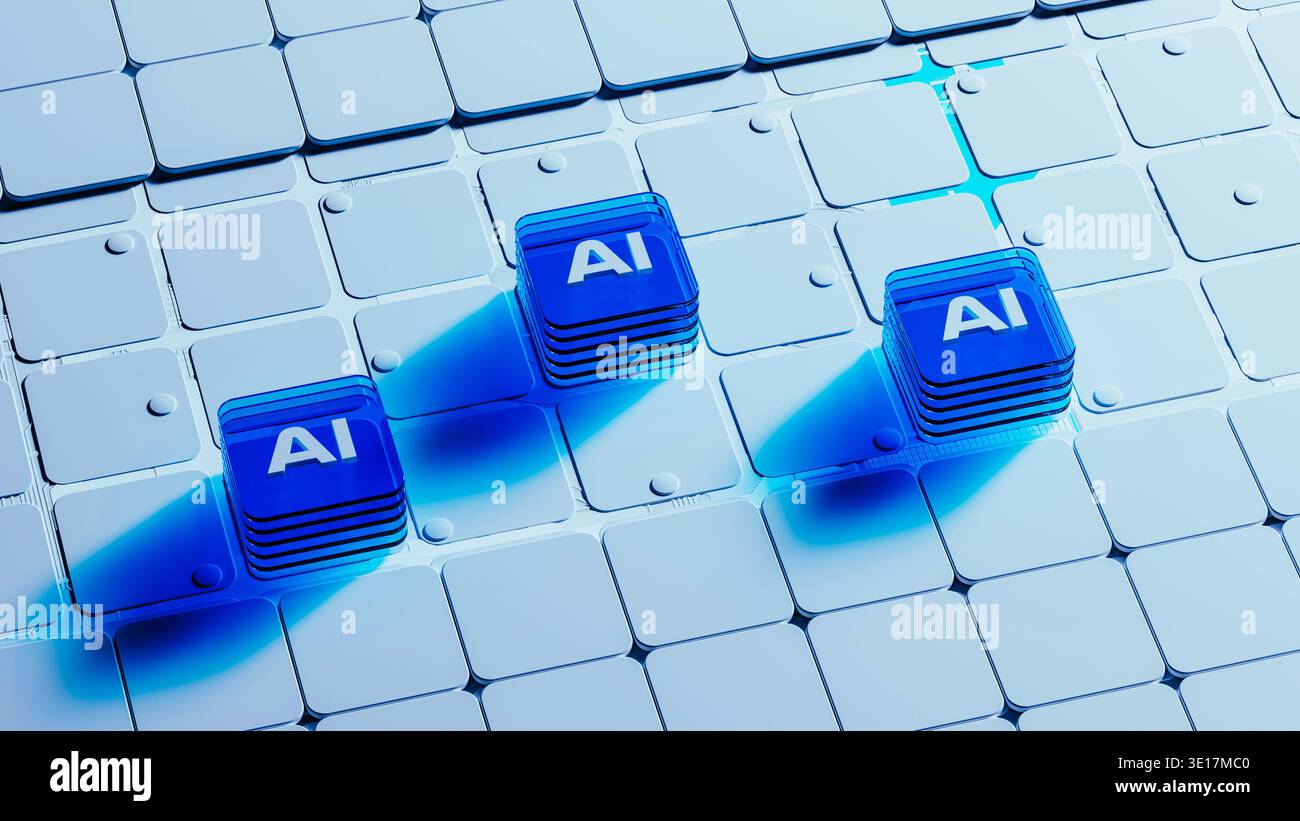 La scena mostra blocchi di vetro blu disposti in un disegno con le lettere ai. Ciò rappresenta la tecnologia e l'innovazione dell'intelligenza artificiale. Foto Stock