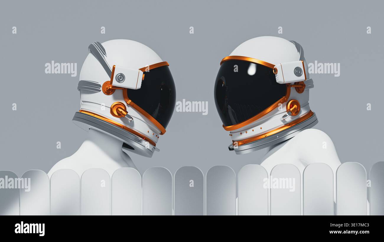 Due astronauti femmine stanno dietro vetro smerigliato, indossando un casco. La scena trasmette l'esplorazione spaziale con un focus sulla missione dell'astronauta. Foto Stock