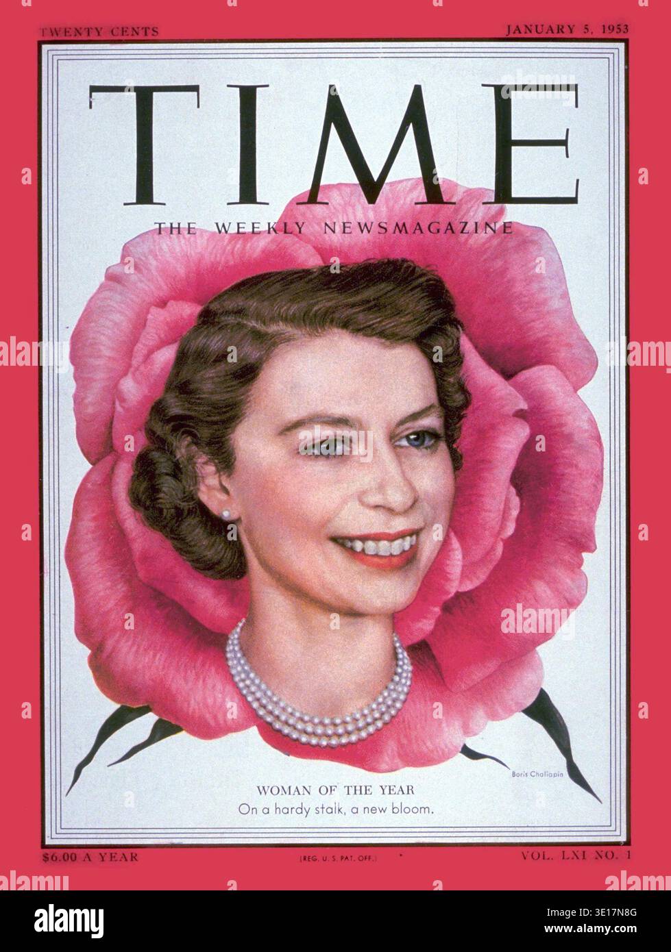 Time Magazine, volume 61 numero 1. La copertina è un disegno della regina Elisabetta II del Regno Unito. Foto Stock