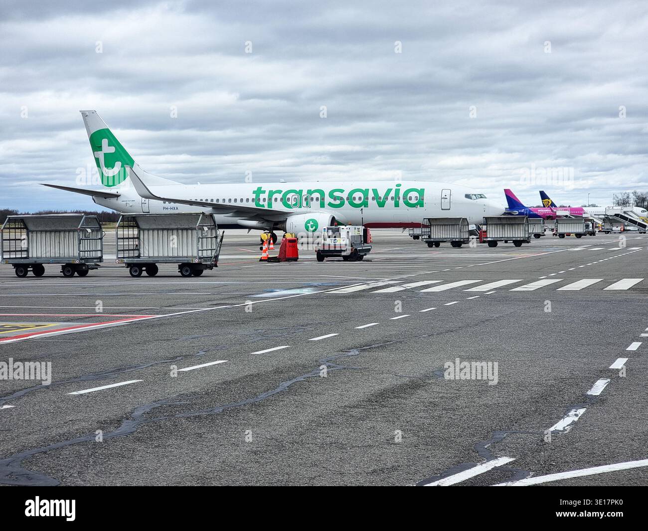 Aerei / aeromobili parcheggiati su asfalto / piazzale dell'aeroporto di Eindhoven; Transavia con WizzAir e Ryanair sullo sfondo; carrelli bagagli vuoti davanti - Immagine stock catturata con smartphone