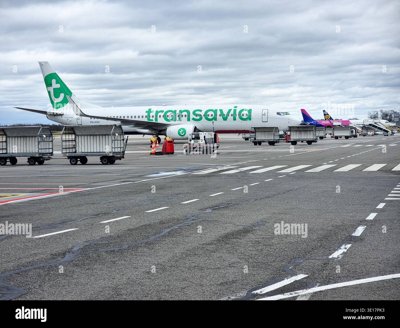 Aerei / aeromobili parcheggiati su asfalto / piazzale dell'aeroporto di Eindhoven; Transavia con WizzAir e Ryanair sullo sfondo; carrelli bagagli vuoti davanti - Immagine stock catturata con smartphone