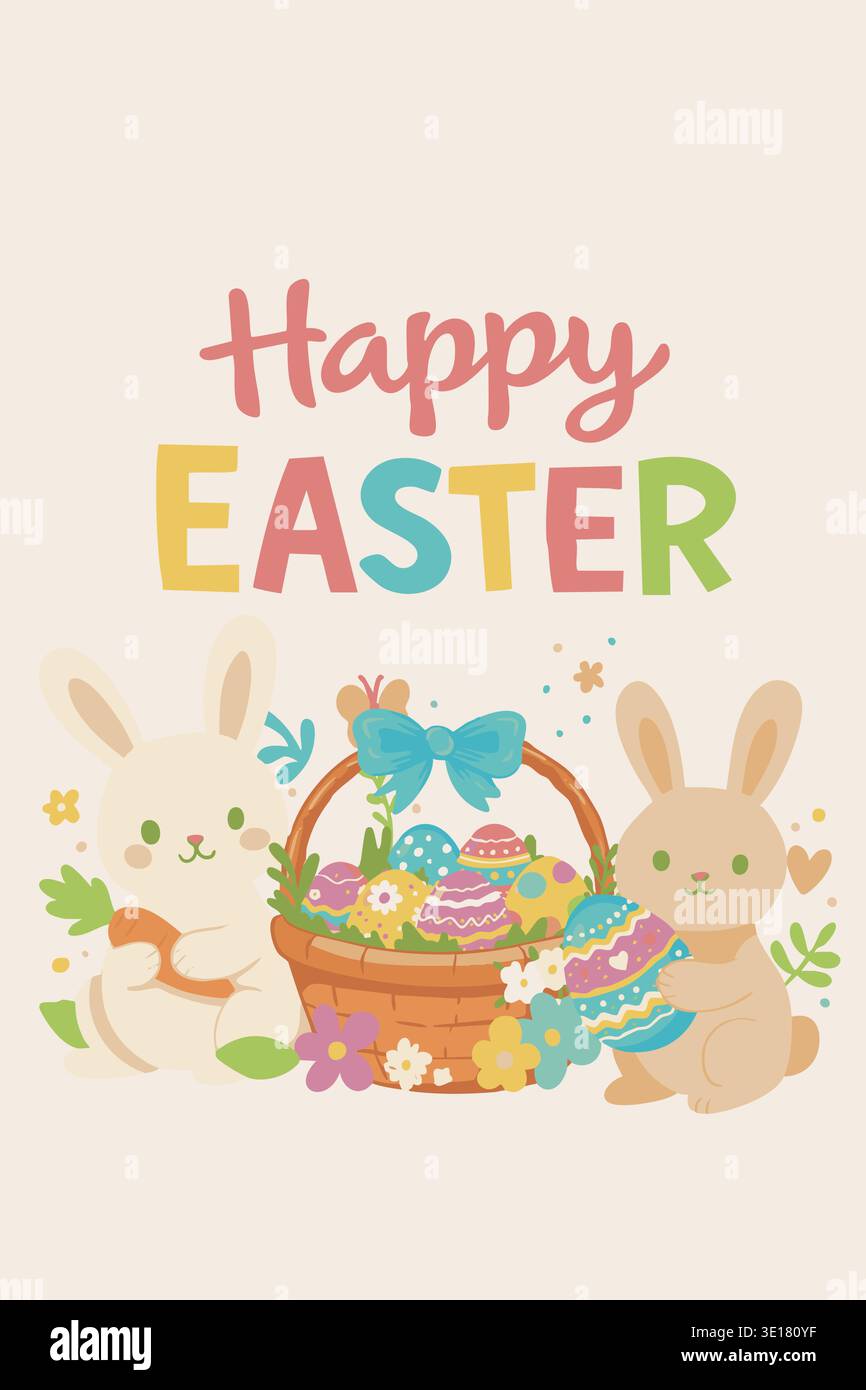 Carino Happy Easter card con cestino, uova e coniglietti Illustrazione Vettoriale