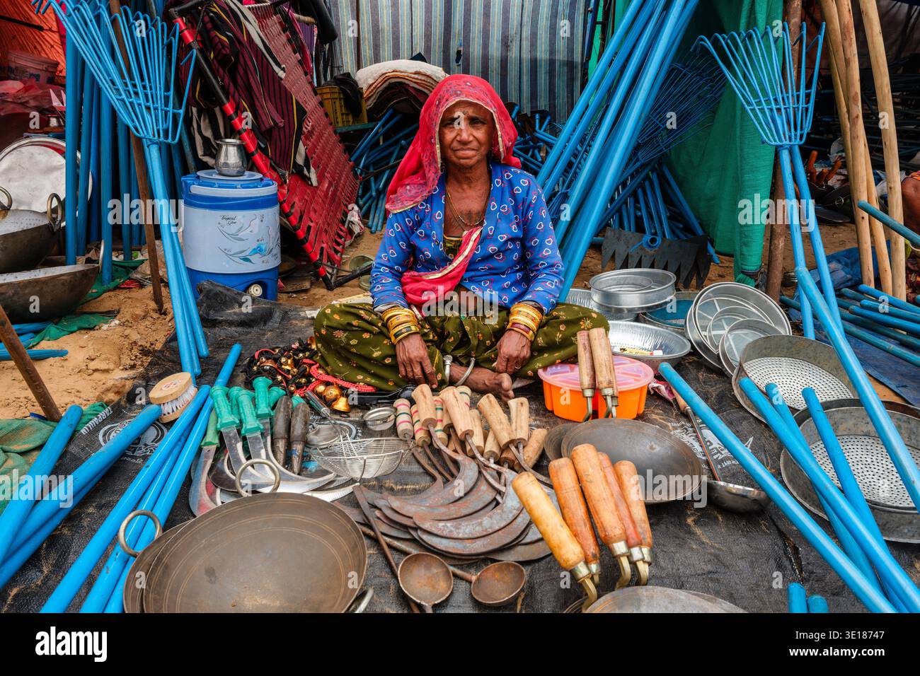 Un commerciante a Pushkar Mela presenta una varietà di falce agricole curve, ciotole di metallo e rastrelli blu brillanti sparsi su una lamiera scura. Foto Stock