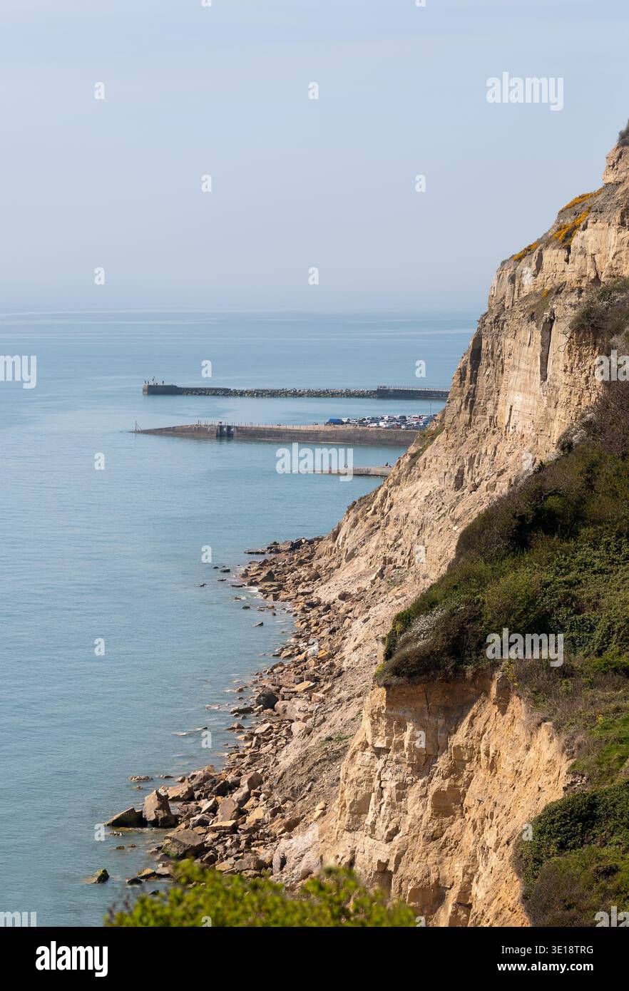 Scogliere di gesso che si affacciano sul mare e sul porto di Hastings, sulla costa dell'East Sussex in Inghilterra. Foto Stock