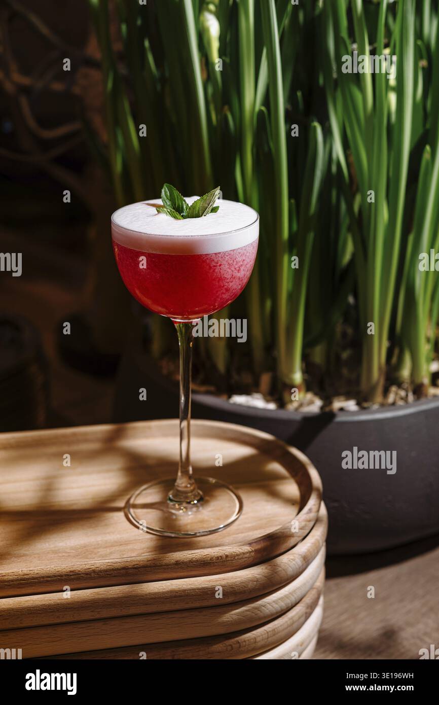 Cocktail rosso con schiuma bianca e foglie di menta, in piedi su un vassoio di legno con sfondo verde Foto Stock