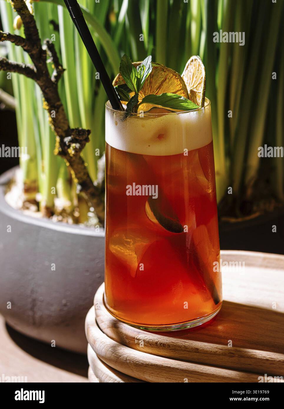 Cocktail rinfrescante con tè freddo con agrumi e foglie di menta, servito su un elegante vassoio di legno in un moderno caffè Foto Stock