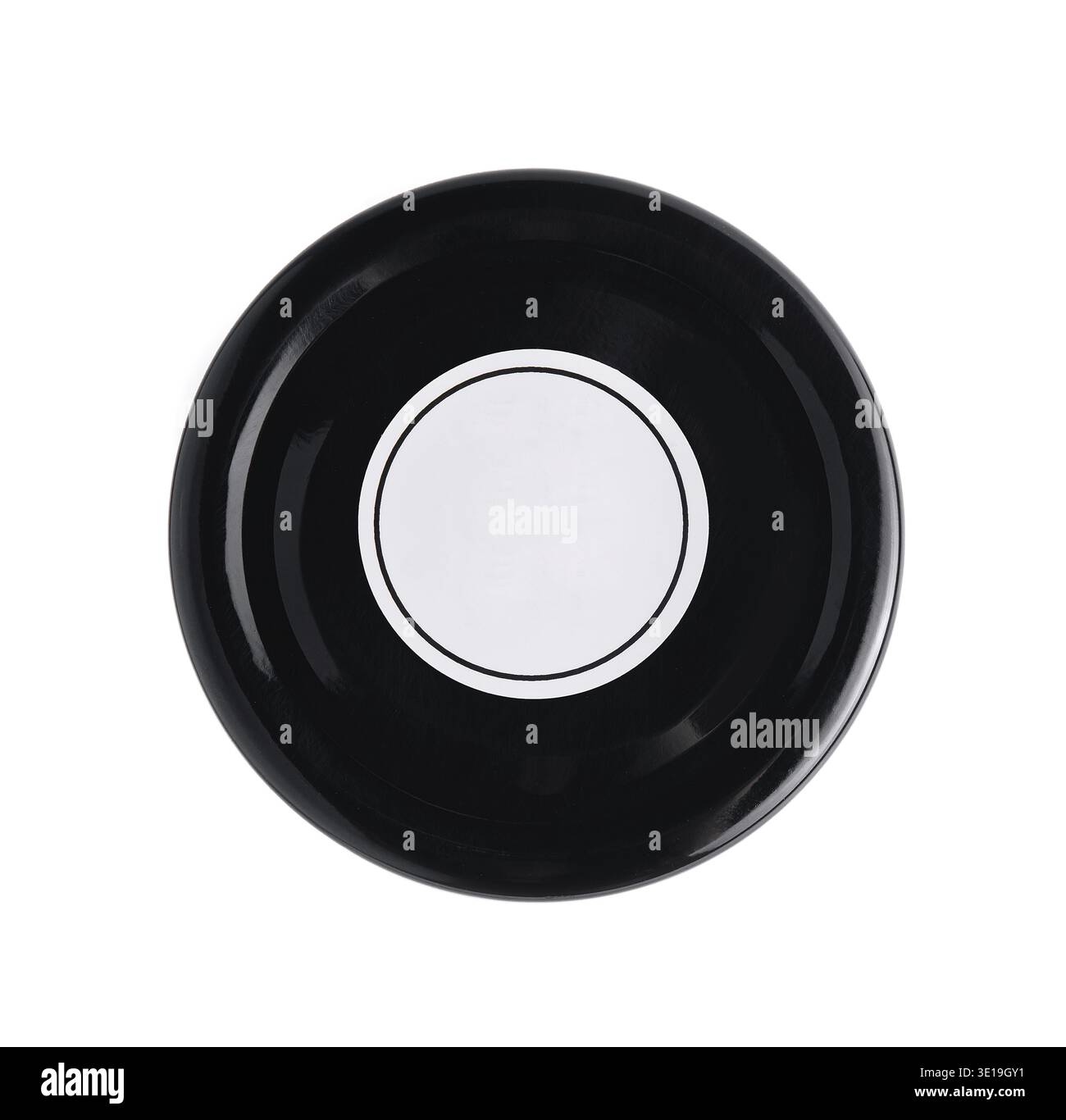 Coperchio del vaso nero con etichetta bianca, perfetto per mostrare il tuo marchio su prodotti conservati Foto Stock