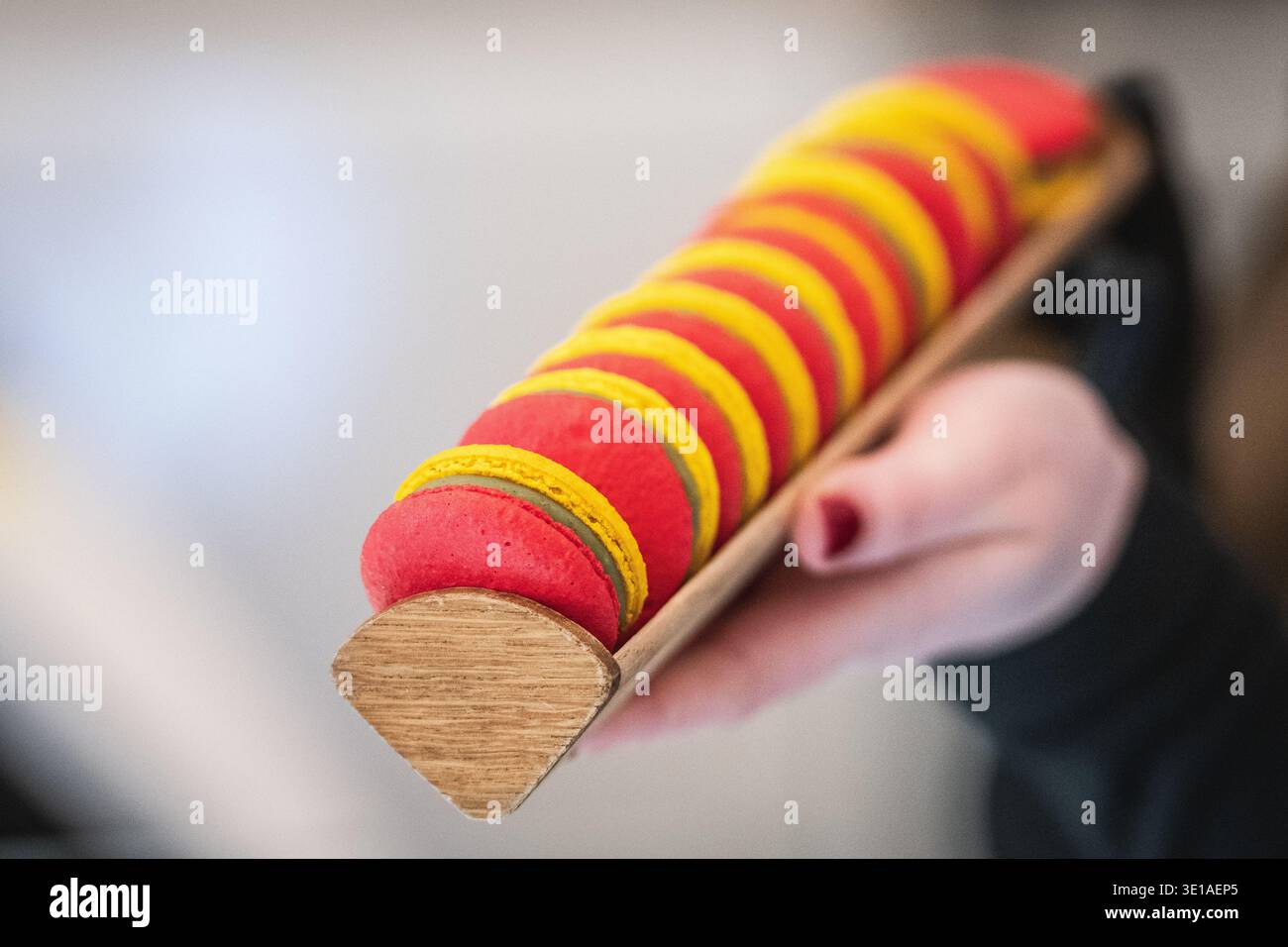 Primo piano di macaron colorati disposti su un vassoio di ceramica con colori giallo, verde e rosso ispirati alla bandiera lituana Foto Stock
