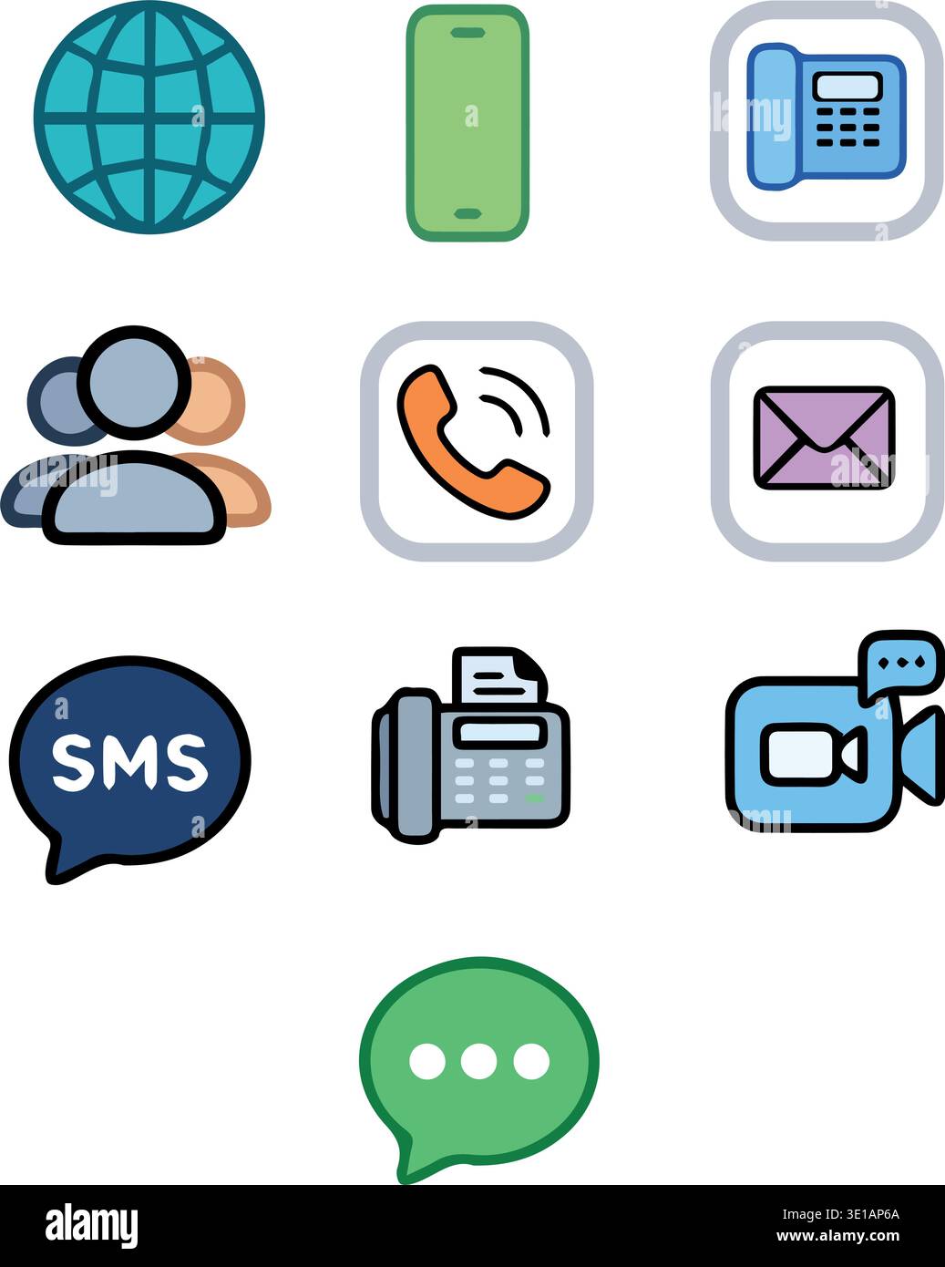 Icone di comunicazione e contatto con telefono SMS e-mail Chat videochiamata e connettività globale Illustrazione Vettoriale