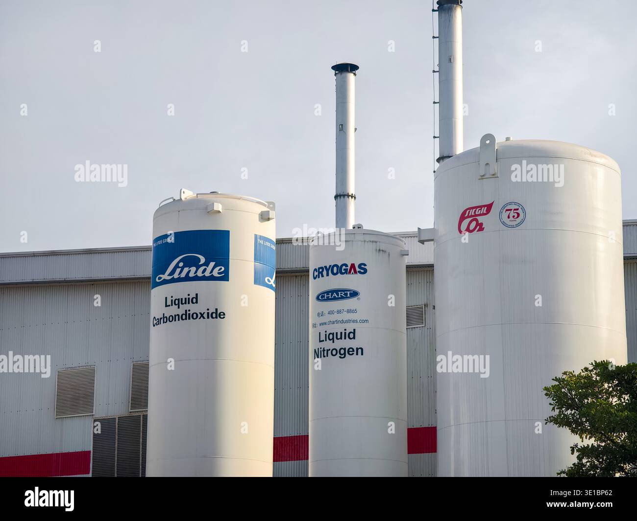 Grandi serbatoi di stoccaggio industriali etichettati per contenere biossido di carbonio liquido e azoto liquido, Phnom Penh SEZ (PPSEZ), Cambogia, Asia Foto Stock