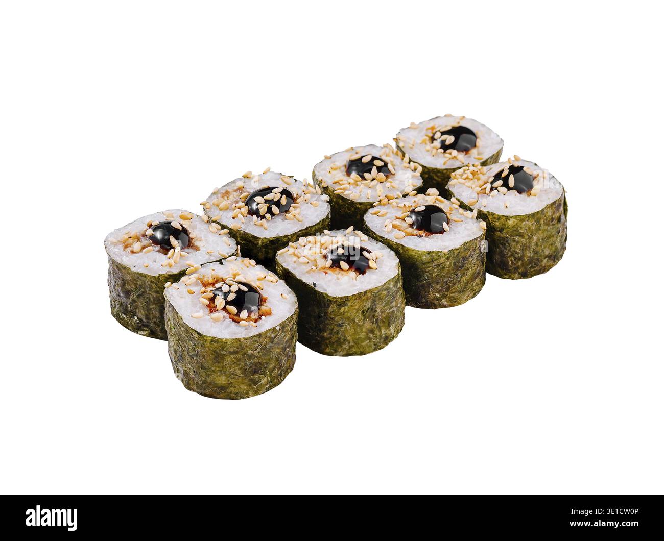 Panini di sushi con salsa unagi e semi di sesamo su sfondo bianco Foto Stock