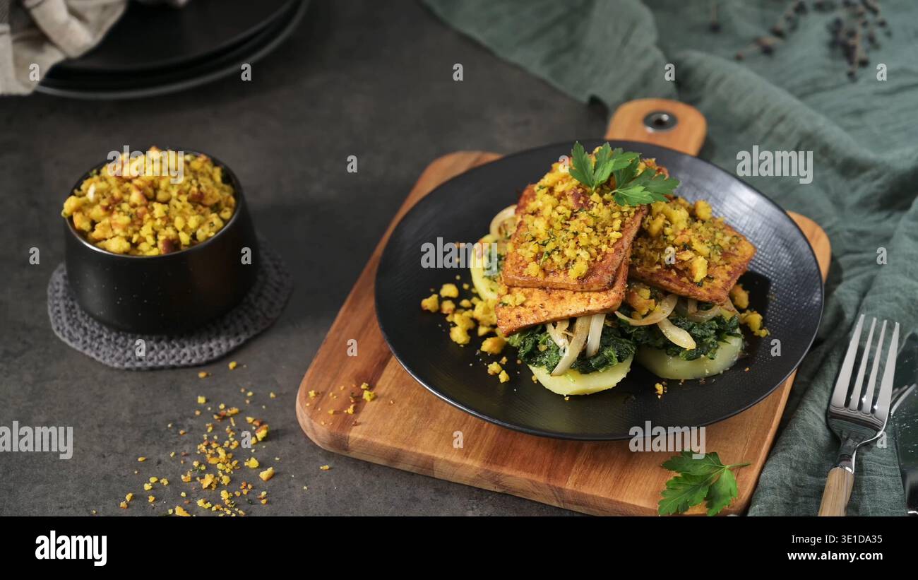 Le bistecche di tofu impanate dorate sono servite su un letto di spinaci e patate a fette. Il piatto presenta un'estetica rustica e sobria con leggeri accendisigari laterali Foto Stock