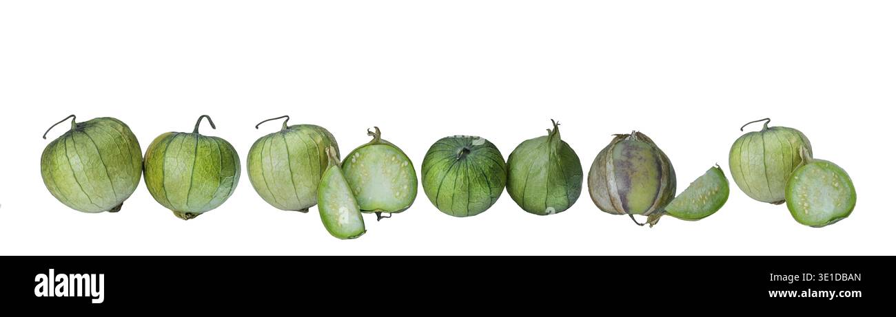 Physalis philadelphica. Pomodoro o pomodoro buccia messicano. Tomatillo verde biologico fresco (Physalis philadelphica) con buccia. Grande set di intere e cu Foto Stock