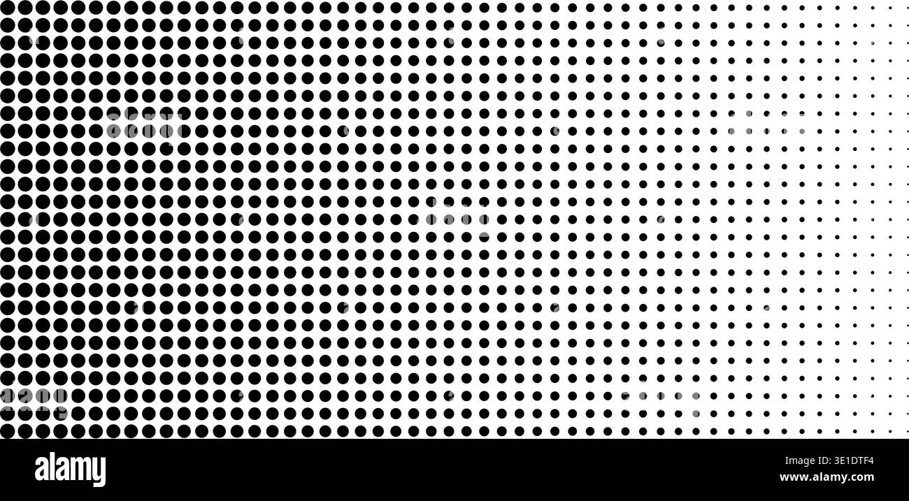 Sfondo con effetto mezzitoni sbiaditi. Motivo tratteggiato bianco e nero. Sfondo con granulosità, disturbo, pixel rotondi o texture a mosaico. Moderna stampa di pagine di fumetti. Illustrazione grafica vettoriale. Illustrazione Vettoriale