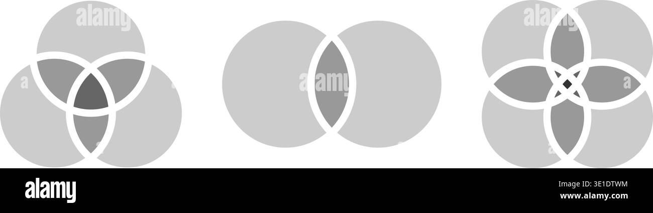 Set di diagrammi Venn di colore grigio con 2, 3 e 4 cerchi intersecati isolati su sfondo bianco. Modelli per grafico statistico, presentazione o. Illustrazione Vettoriale