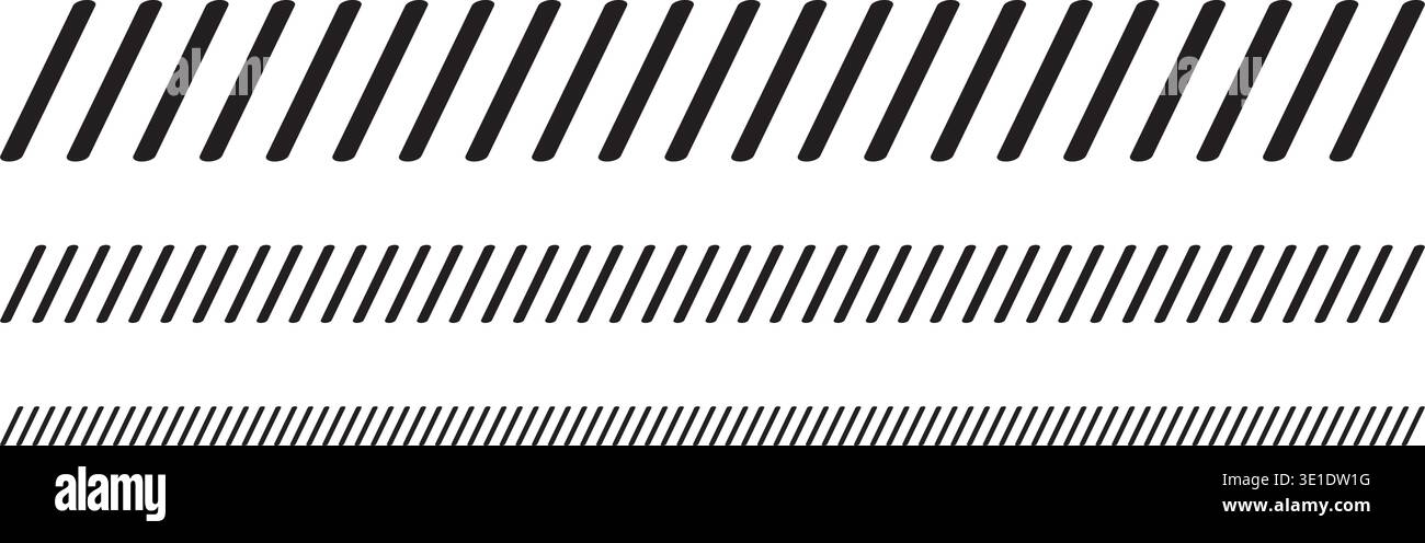 Set di divisori con linee a barra. Bordi con strisce parallele inclinate. Ricami con cuciture nere inclinate su sfondo bianco. Astratto Illustrazione Vettoriale